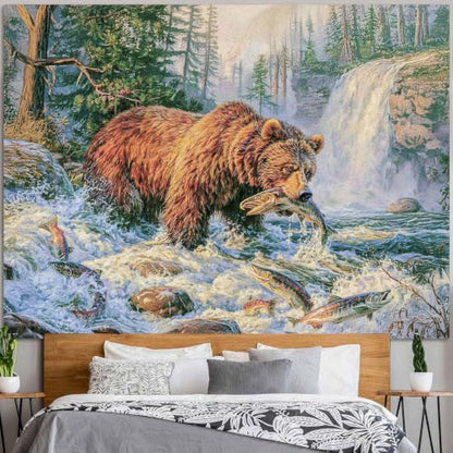 Farmhouse Wall Tapestry - Brown Bear Catching Salmon in River, 36x48in - Rustic Cabin Decor