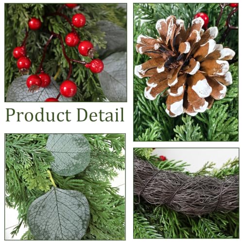 Christmas Wreath 24 Inch with Cedar Pine Foliage, Red Berries & 8-Function LED Lights - Red Green / 1 Pcs
