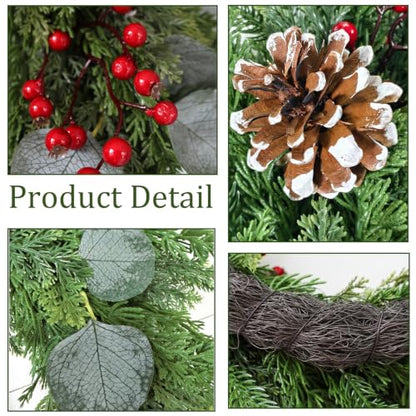Christmas Wreath 24 Inch with Cedar Pine Foliage, Red Berries & 8-Function LED Lights - Red Green / 1 Pcs