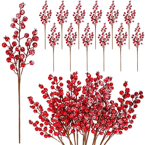 12 Pcs Artificial Frosted Red Berry Picks for Christmas Decor 16 Inch Holly Stems
