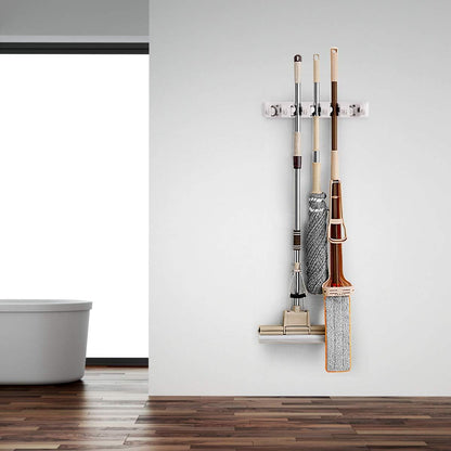Tangkula Wall Mount Broom Holder - 5 Slot Organizer with 6 Hooks for Home, Garage & Kitchen (White)