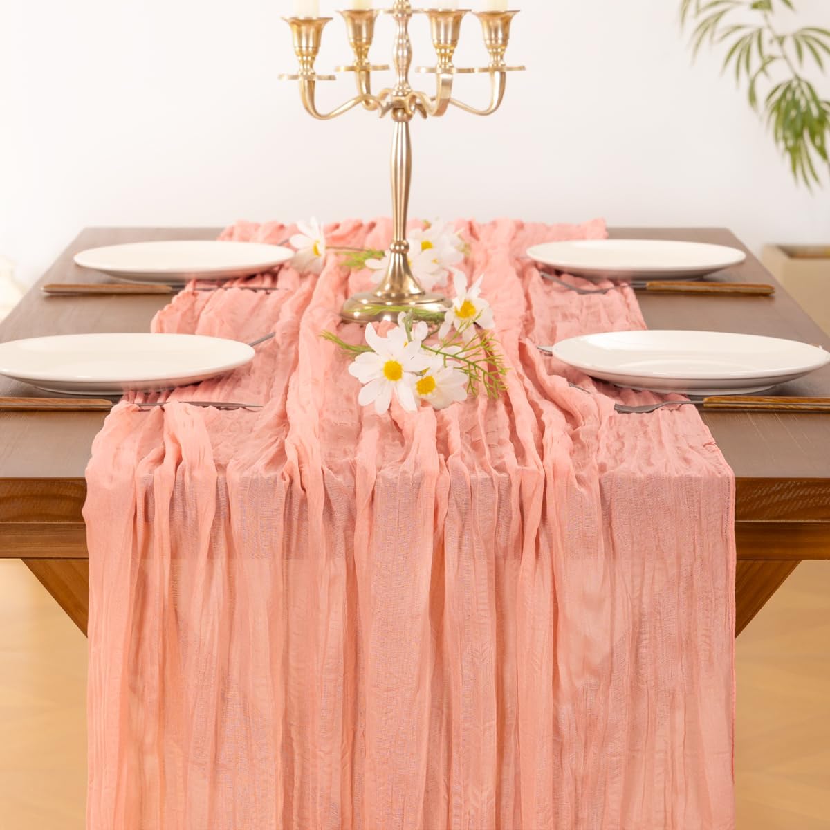 Socomi Cheesecloth Table Runner - Coral Peach Boho Rustic Design | 120 Inch for Weddings & Events