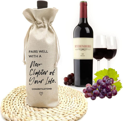 Socive New Job Gifts Wine Bag, Pairs Well With a New Chapter of Your Life, Job Gifr for Colleague, Coworker, Boss, Friends - Burlap Drawstring Wine Bag