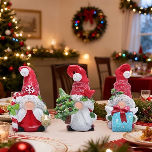 Hodao Christmas Gnome Decorations - Hand-Painted Resin Santa Gnomes Set of 3 for Holiday Home Decor
