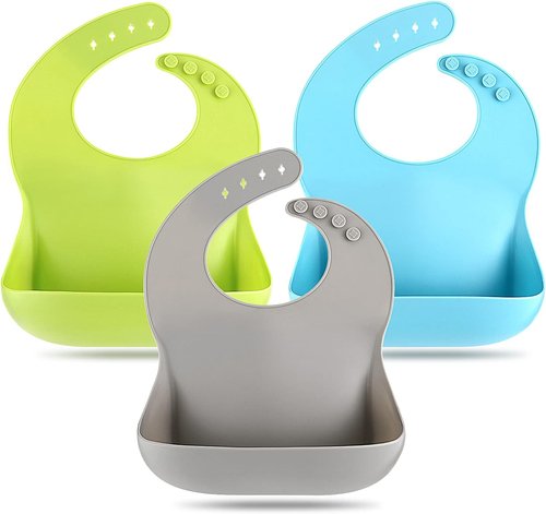 Eascrozn Silicone Bibs - Set of 3 BPA-Free, Soft & Adjustable Waterproof Feeding Bibs for Toddlers