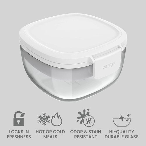 Bentgo Glass Salad Container - 7.6-Cup Leak-Proof Bowl with Airtight Lid & 4-Compartment Tray | BPA-Free, Reusable Fork (White)