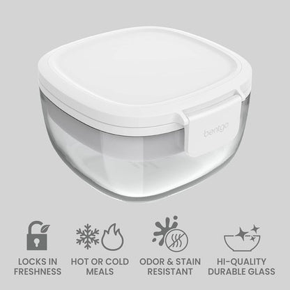 Bentgo Glass Salad Container - 7.6-Cup Leak-Proof Bowl with Airtight Lid & 4-Compartment Tray | BPA-Free, Reusable Fork (White)