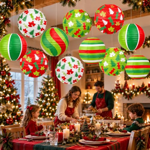 Christmas Paper Lanterns Set - 12 Hanging Holiday Decorations with 5 Designs - Variation of Christmas Paper Lanterns