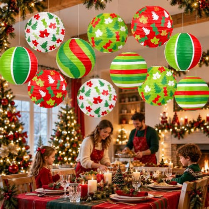 Christmas Paper Lanterns Set - 12 Hanging Holiday Decorations with 5 Designs - Variation of Christmas Paper Lanterns