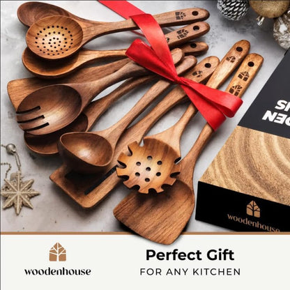 Skiennix Wooden Spoons - 10 Pc Teak Utensil Set, Durable, Nonstick & Heat Resistant with Ergonomic Handles