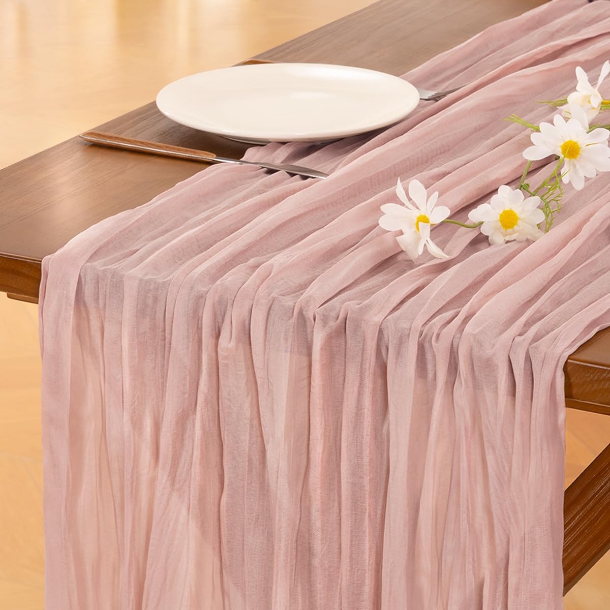 Socomi 6-Piece Pink Cheesecloth Table Runner - Rustic Boho 120-Inch for Weddings & Events