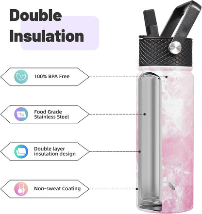 Skiennix 18 oz Insulated Stainless Steel Water Bottle - Marble Blossom | 3 Lids Included