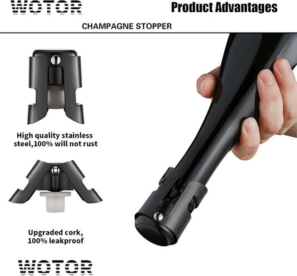 WOTOR Stainless Steel Champagne Stoppers - Champagne Bottle Stoppers with Silicone Seal, Reusable Cork & Saver, Suitable for Prosecco & Sparkling Wine, Black, 2 Pack