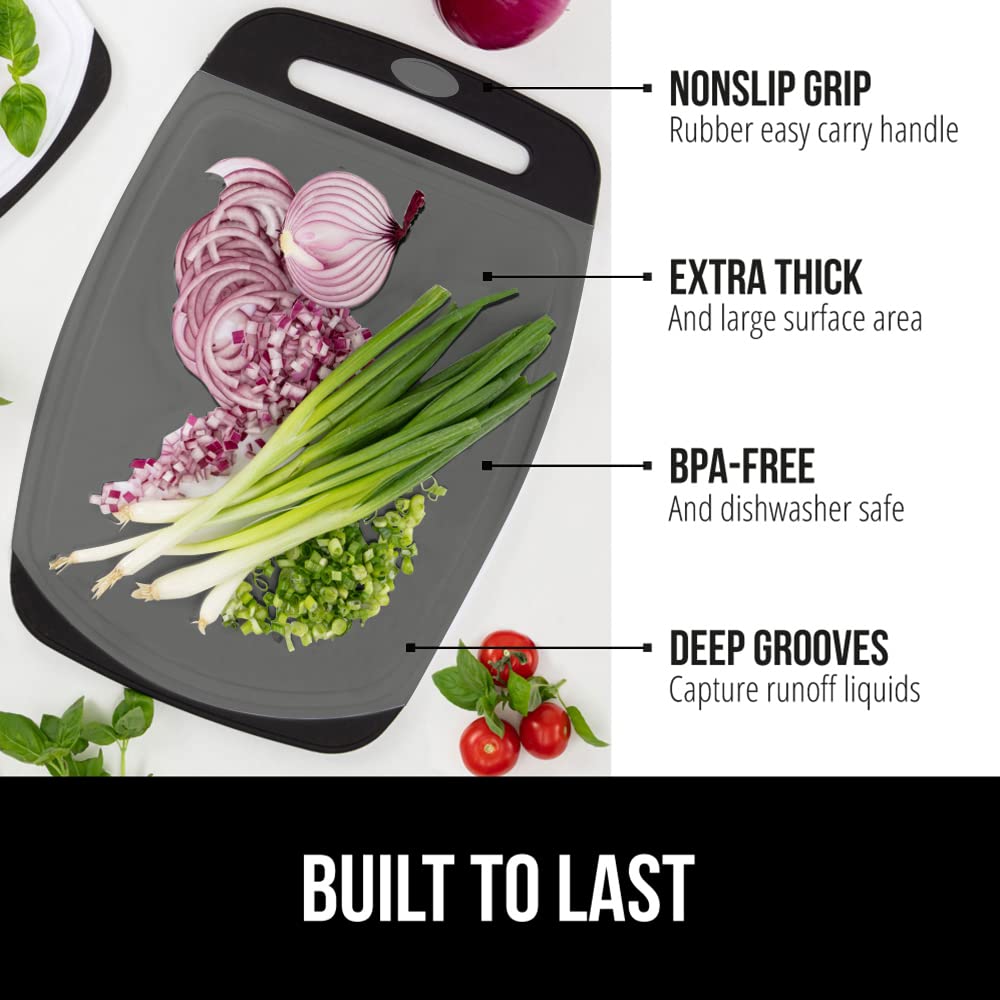 The Original Gorilla Grip Oversized 100% BPA Free Reversible Durable Kitchen Cutting Board Set of 3, Juice Grooves, Dishwasher Safe, Easy Grip Handle Border, Food Chopping Boards, Cooking, Black Gray