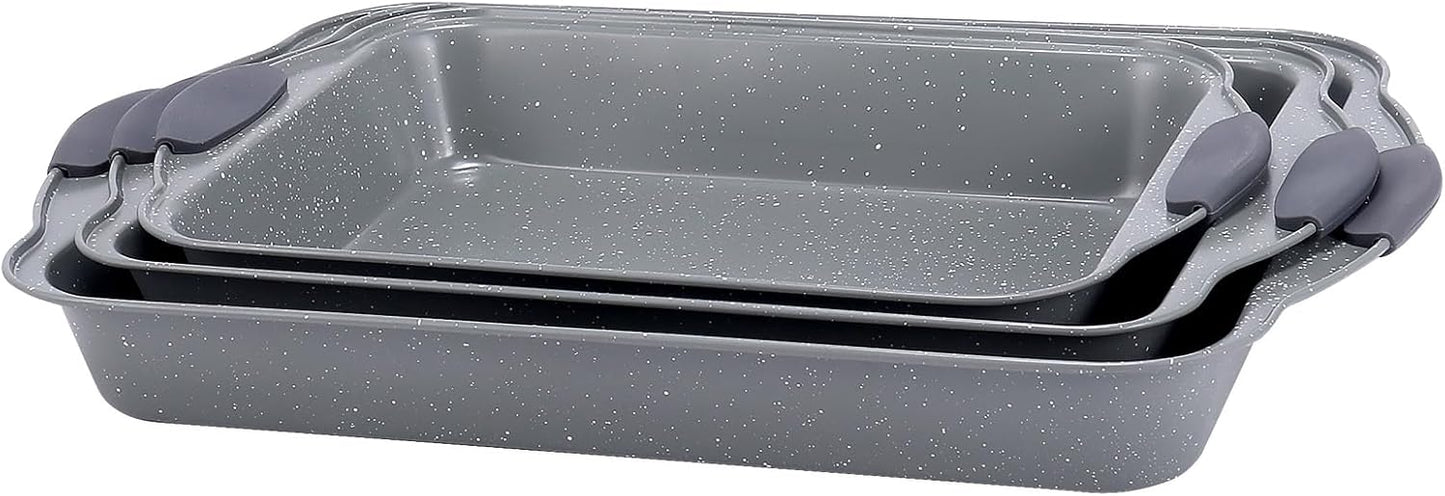 Anveena Nonstick Kitchen Oven Baking Pans - Premium Commercial Grade Bakeware with Red Silicone Handles | Easy to Clean Gray, 3-Piece Set