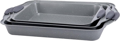 Anveena Nonstick Kitchen Oven Baking Pans - Premium Commercial Grade Bakeware with Red Silicone Handles | Easy to Clean Gray, 3-Piece Set