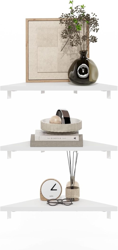 Furinno Rossi Triangle Floating Shelves - Set of 3 Geometric Wall-Mounted Shelves | White for Home & Office