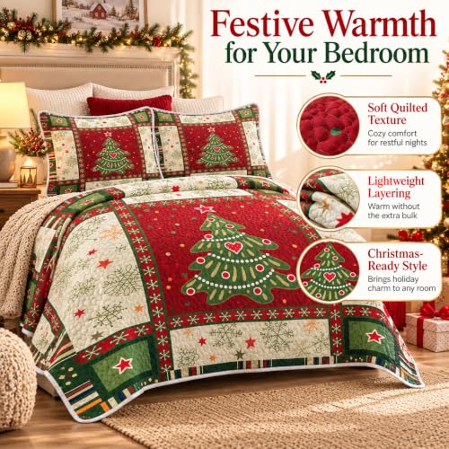 Christmas Quilt Set Queen - Red 3-Piece Tree Bedspread & Pillow Shams - Seasonal Bedding