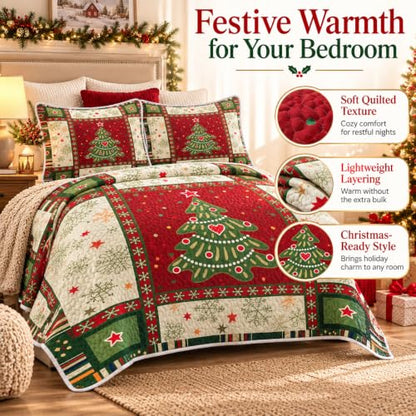 Christmas Quilt Set Queen - Red 3-Piece Tree Bedspread & Pillow Shams - Seasonal Bedding