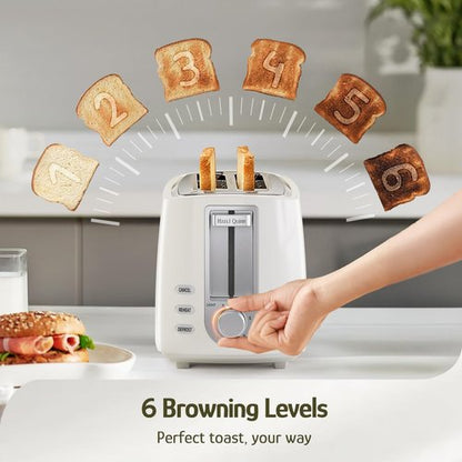 Hazel Quinn 2-Slice Compact Toaster - Wide Slots for Thick Bread & Bagels, 6 Browning Levels | White