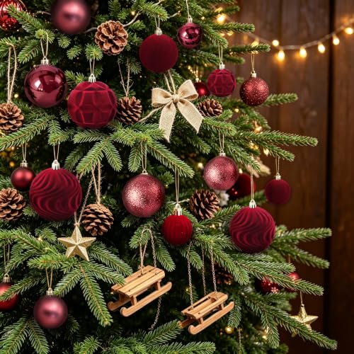 Red Velvet Christmas Ball Ornaments - 40Pcs Shatterproof Holiday Decorations - Medium, 3 Sizes, 7 Styles
