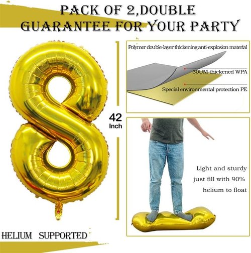 GOER Gold Foil Number 8 Balloons - Huge 42" & 32" Birthday Party Decorations (3 Pcs)