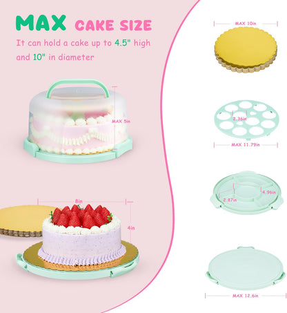 Skiennix Cake Carrier - BPA-Free 10-Inch Round Cake Holder with Lid & Handle | Includes 10 Golden Cake Boards & Insulated Bag