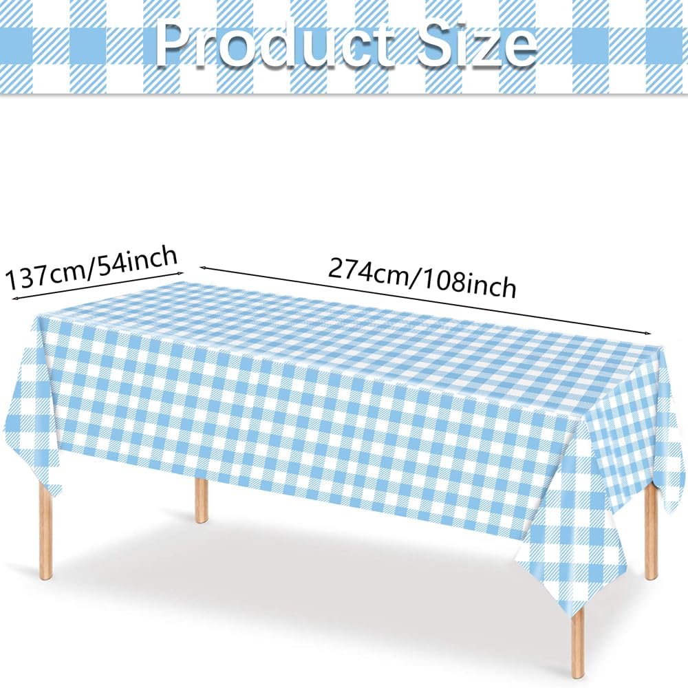 Skiennix Light Blue Checkered Tablecloth - 54" x 108" Waterproof Disposable Cover for Parties & Picnics