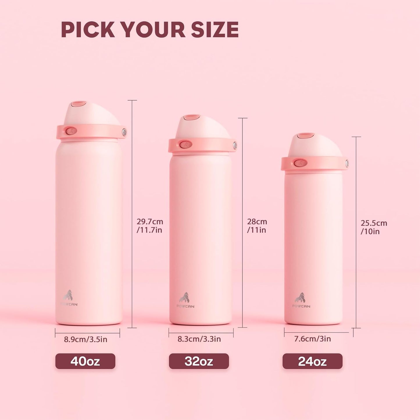 POWCAN 24 oz Insulated Water Bottle - 2-in-1 Lid with Push-Button Spout & Quick-Flip Straw | Leakproof, Stainless Steel, Cotton Candy