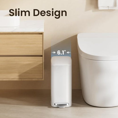 Cesun Slim Bathroom Trash Can - 6L Stainless Steel Wastebasket with Soft Close Lid & Foot Pedal | White