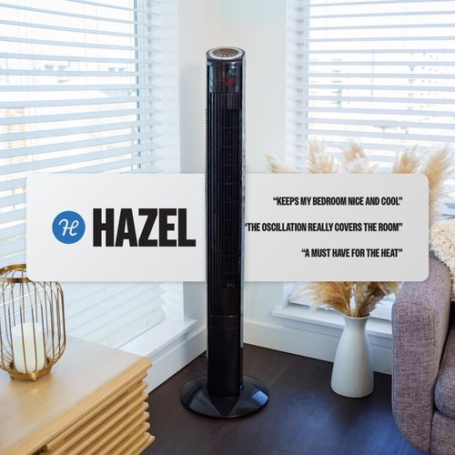 Hazel 49 Inch Tower Fan for Bedroom - Oscillating Standing Fan with Remote Control, Quiet Cooling for Home Office & Living Room, 3 Speeds, Timer, LED Display - Black