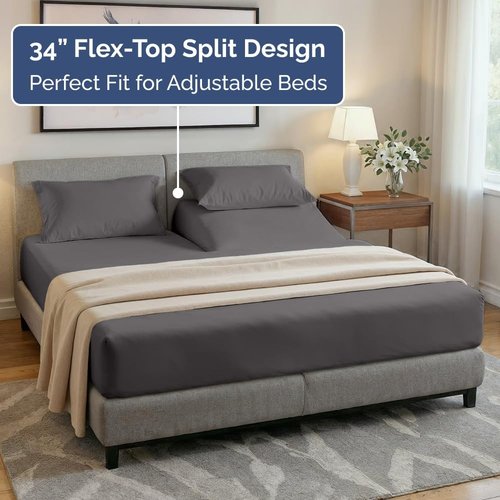 Flex Top Split Head King Sheet Set - Comfy Cooling Bed Sheets for Luxury Sleep | Deep Pockets, Dark Grey