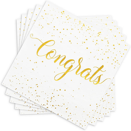 Whaline Cocktail Napkins - 80 Pcs White Gold Foil Congrats Design for Graduation & Celebrations