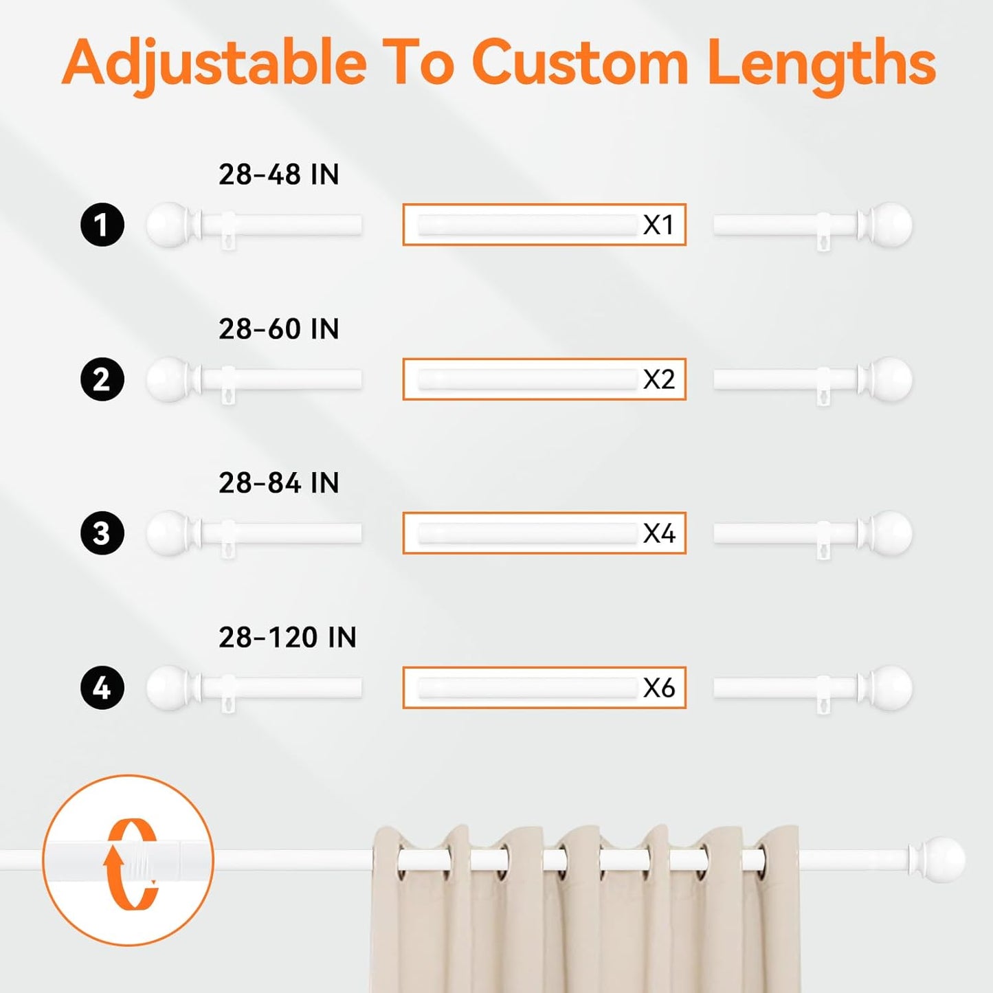 Skiennix Heavy Duty White Curtain Rods | Adjustable 28-48 Inch with Brackets for Windows