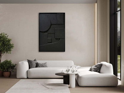 Slyart Black Textured Wall Art - Handmade 3D Abstract Relief Painting | Framed Vertical Art 24x36 Inch