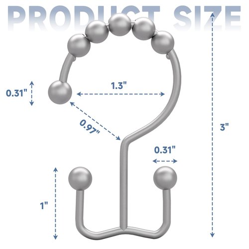 Titanker Shower Curtain Hooks Rings, Rust-Resistant Metal Double Glide Shower Hooks for Bathroom Shower Rods Curtains, Set of 12 Hooks - Space Silver