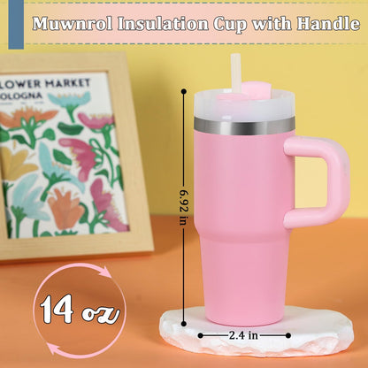 Skiennix 14 Oz Stainless Steel Tumbler - Vacuum Insulated with Handle & Straw | Pink Kids' Cup