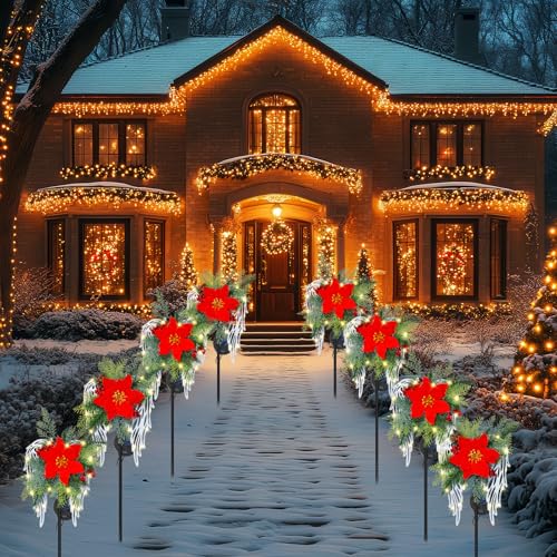 Red Solar Christmas Lights Outdoor Decorations Angel Wings Poinsettia Stakes - Waterproof Garden Pathway Yard Lawn