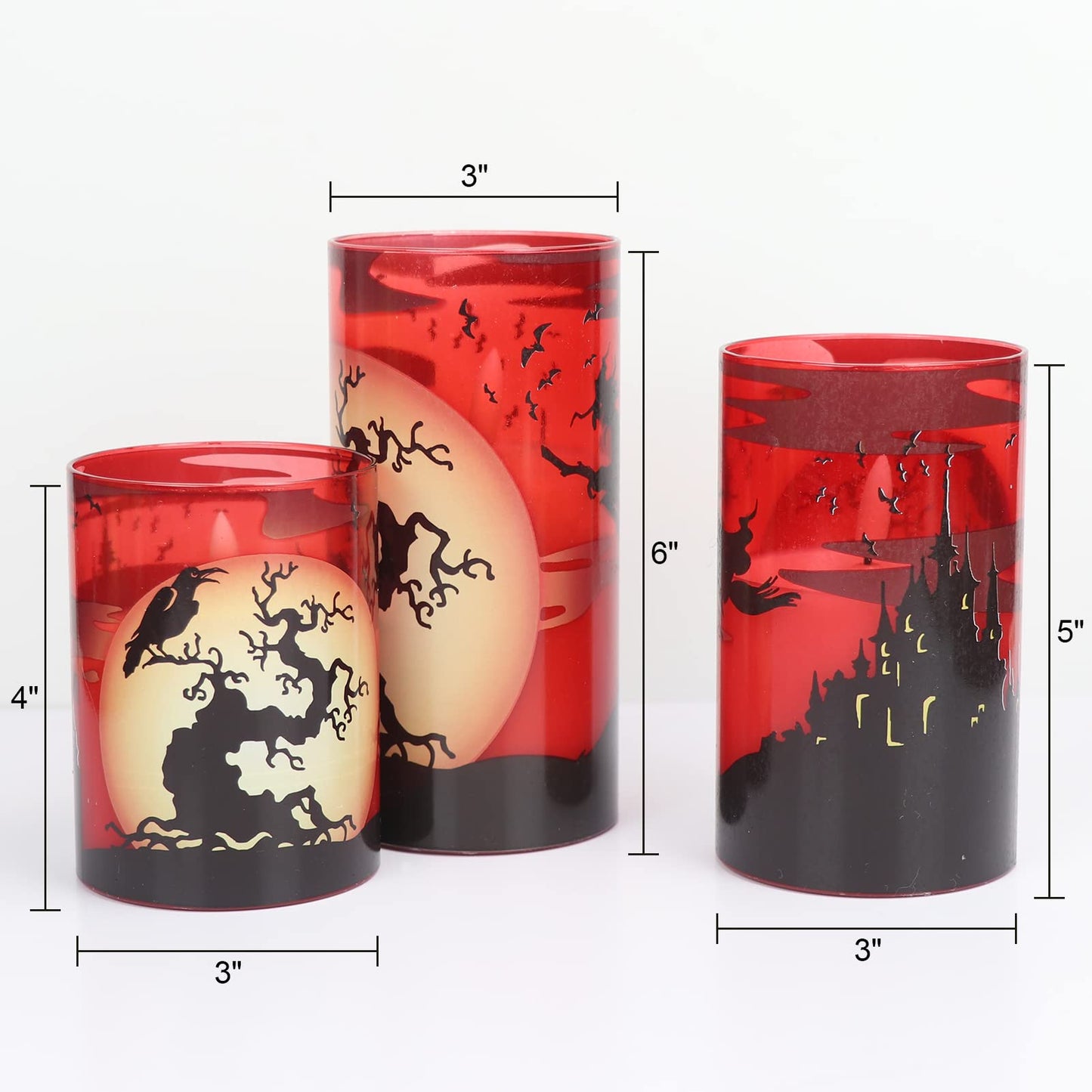 Eldnacele Halloween Flickering Candles with Witch, Crow Raven, Castle Decals, Red Glass Battery Operated Flameless LED Candles with Remote, Real Wax Candle Set of 3 Halloween Decorations