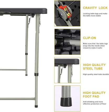 Heavy Duty 4 Foot Folding Table by [Brand Name] - Adjustable Height 22-30 Inch | Portable Indoor/Outdoor Use