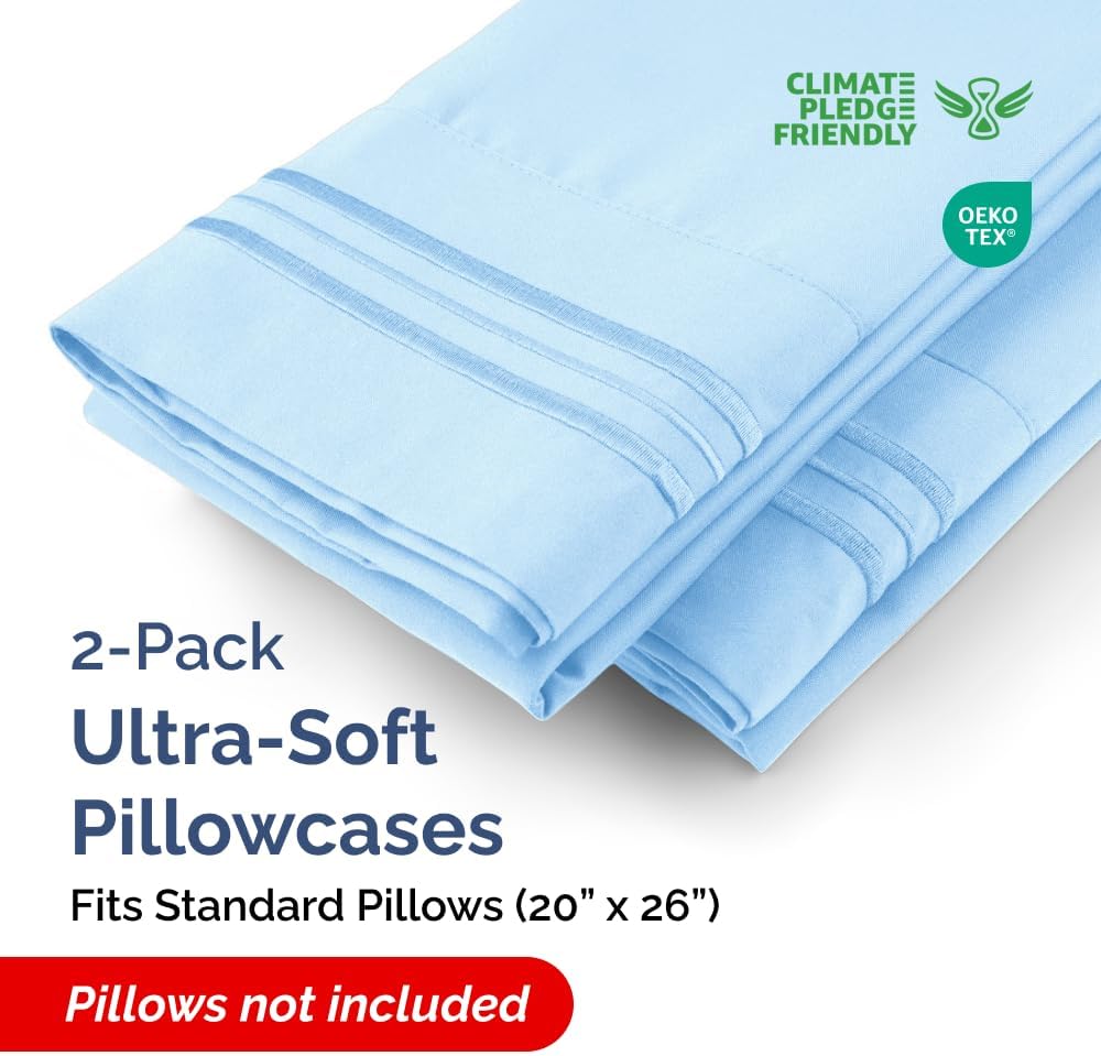 Skiennix Standard Pillow Cases Set of 2 | Soft Hotel Quality, Wrinkle-Free & Stain Resistant - Light Blue