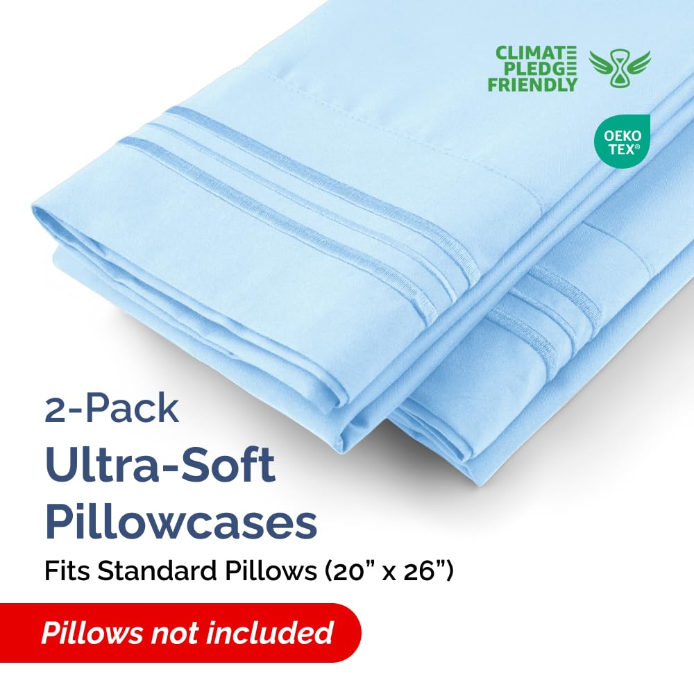 Standard Pillow Cases Set of 2 - Soft Hotel Quality Pillowcase Covers - Comfy & Wrinkle Free - Stain and Fade Resistant - Machine Washable Pillow Protectors - 2 Piece Set - Standard Size Light Blue
