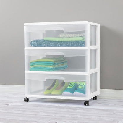 Sterilite Wide 3 Drawer Storage Cart - Rolling Plastic Organizer with Wheels | White & Clear Drawers