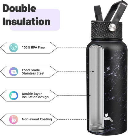 Skiennix 32 Oz Insulated Stainless Steel Water Bottle - Marble Midnight | 3 Lids Included