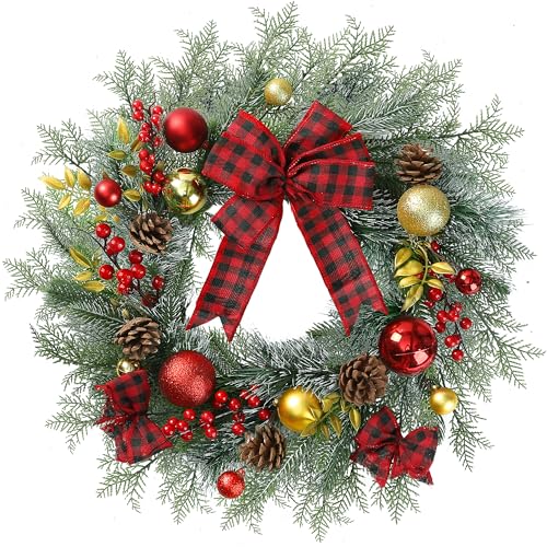 Artificial Christmas Wreath 20 Inch with Pine Needles Red Berries Pine Cones Buffalo Plaid Bow Christmas Decorations for Front Door - Red