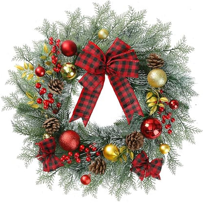 Artificial Christmas Wreath 20 Inch with Pine Needles Red Berries Pine Cones Buffalo Plaid Bow Christmas Decorations for Front Door - Red