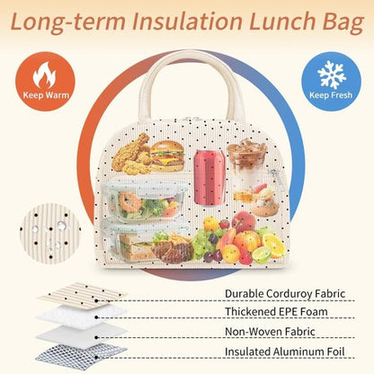 Coobiiya Lunch Bag - Insulated, Leakproof Corduroy Tote for Men & Women | Large Capacity, Cute Design