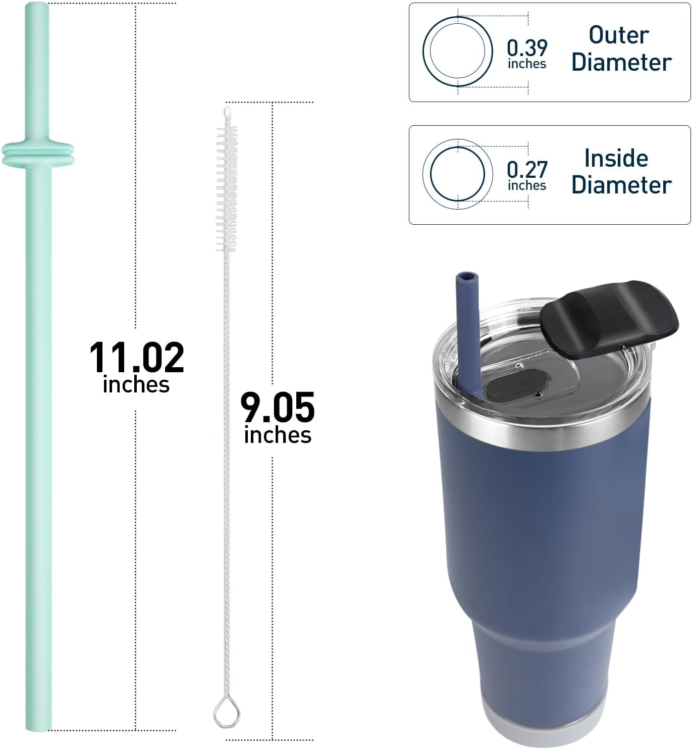 Yeti | Silicone Straws for Rambler Tumblers - 2 Reusable Straws & Cleaning Brush | Navy