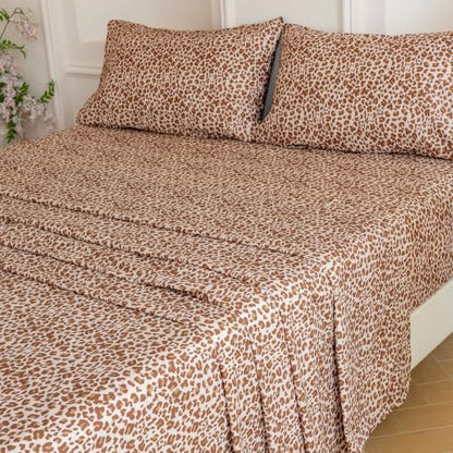 Queen 100% Cotton Leopard Sheet Set - Brown, Soft Breathable Bedding