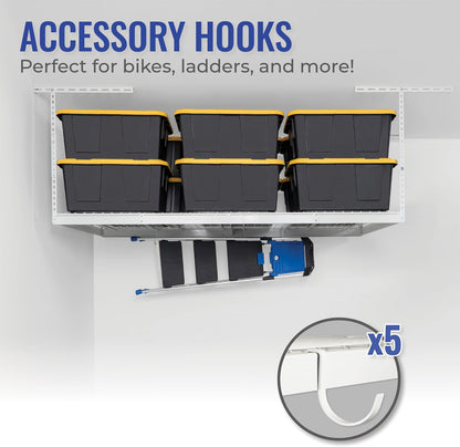 SafeRacks Overhead Storage Rack - Adjustable 4 ft x 8 ft | 24 in - 45 in Height, White with 5-Piece Hook Set